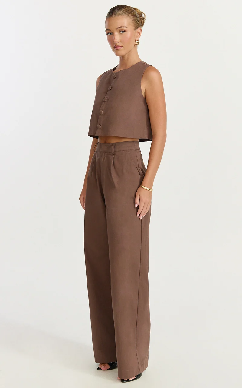 Valencia Two Piece Top and Pants Set - Button Front Vest and High Waisted Pants Set in Mocha