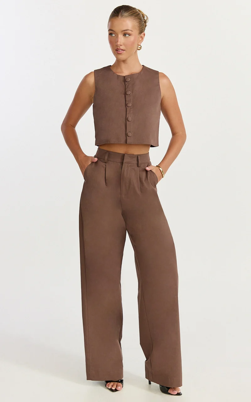 Valencia Two Piece Top and Pants Set - Button Front Vest and High Waisted Pants Set in Mocha