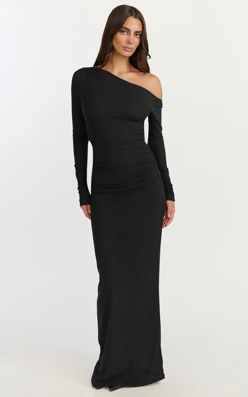 Faith Maxi Dress - Off Shoulder Long Sleeve Maxi Dress in Black