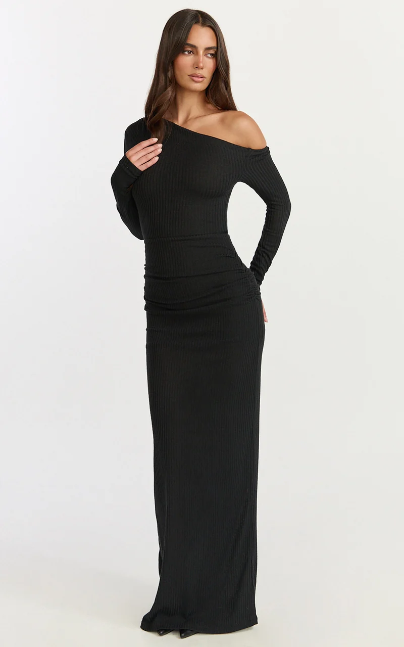 Faith Maxi Dress - Off Shoulder Long Sleeve Maxi Dress in Black