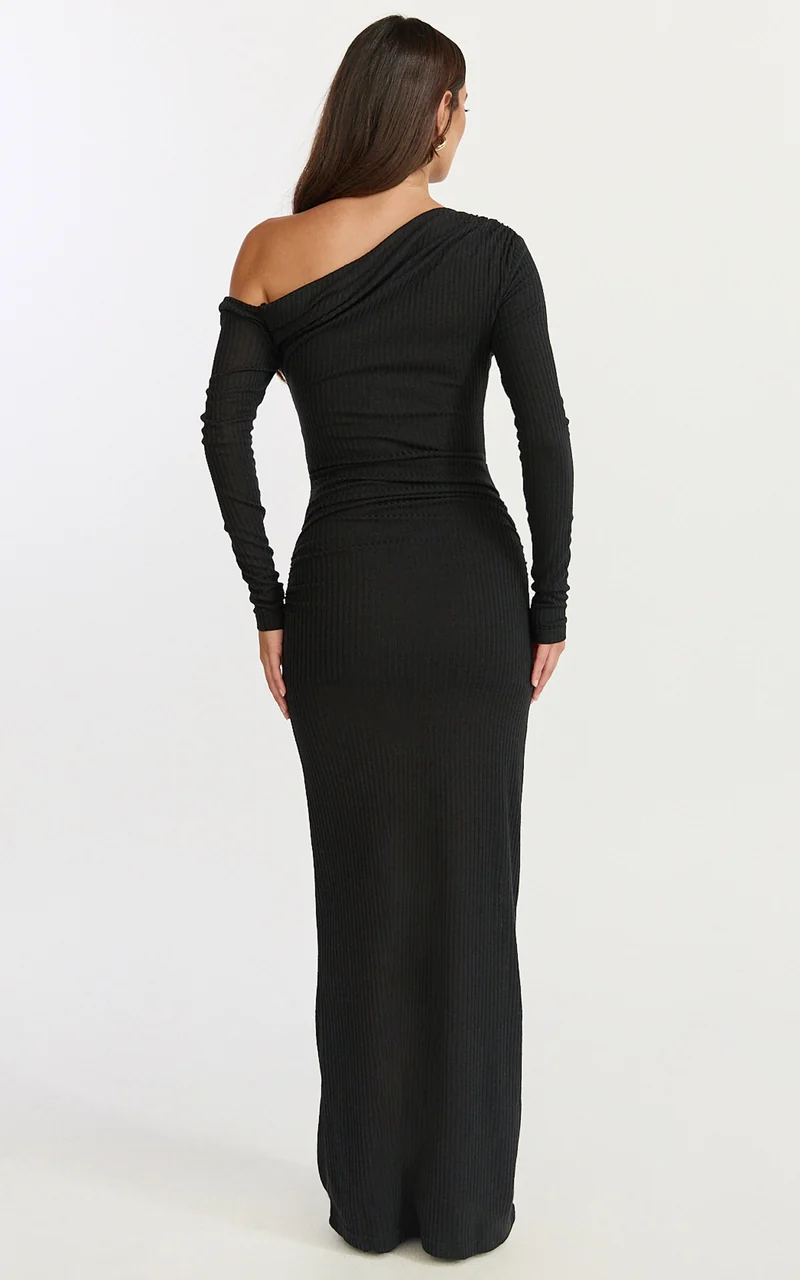 Faith Maxi Dress - Off Shoulder Long Sleeve Maxi Dress in Black