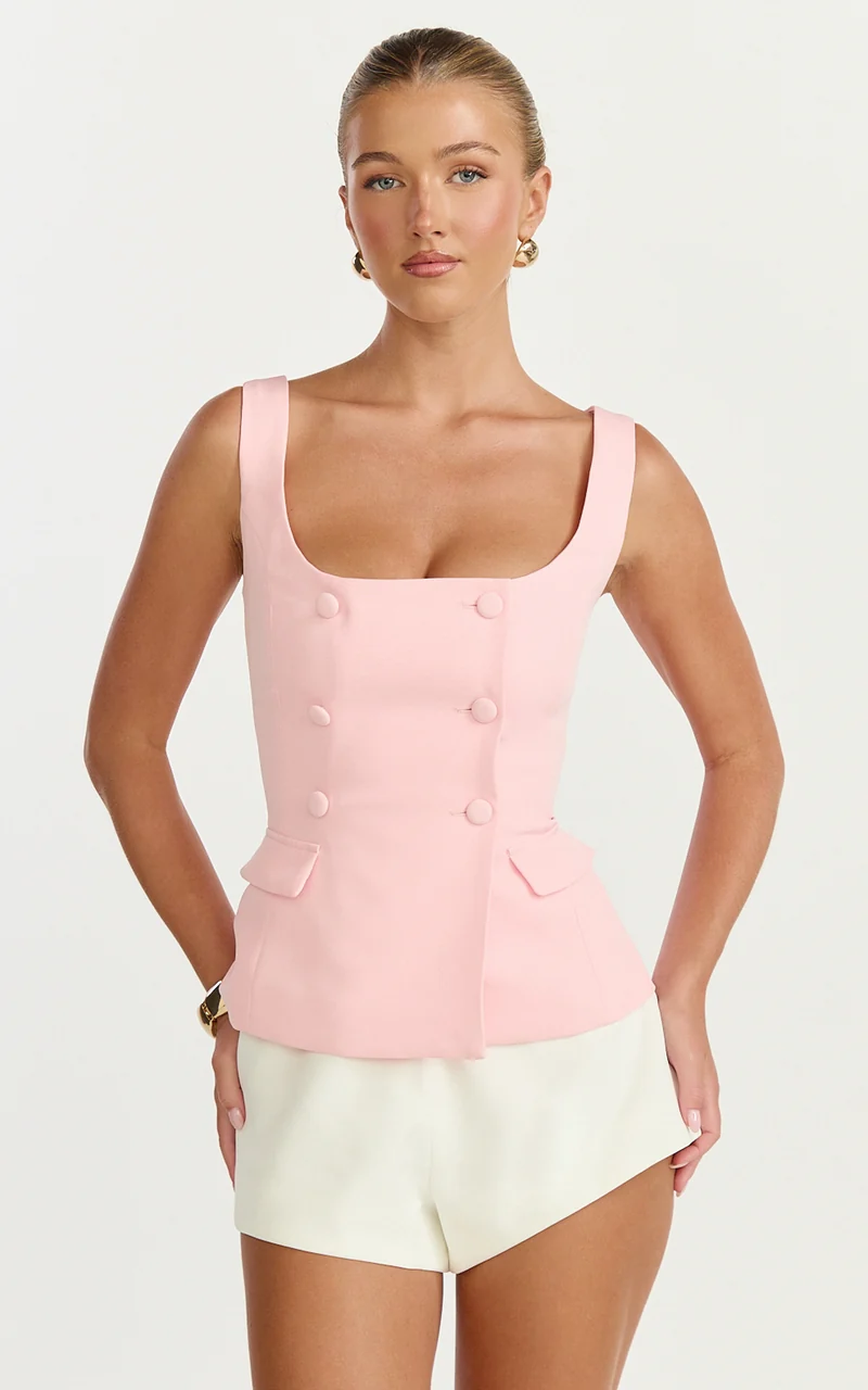Melissa Top - Sleeveless Double Breasted Vest Top in Baby Pink