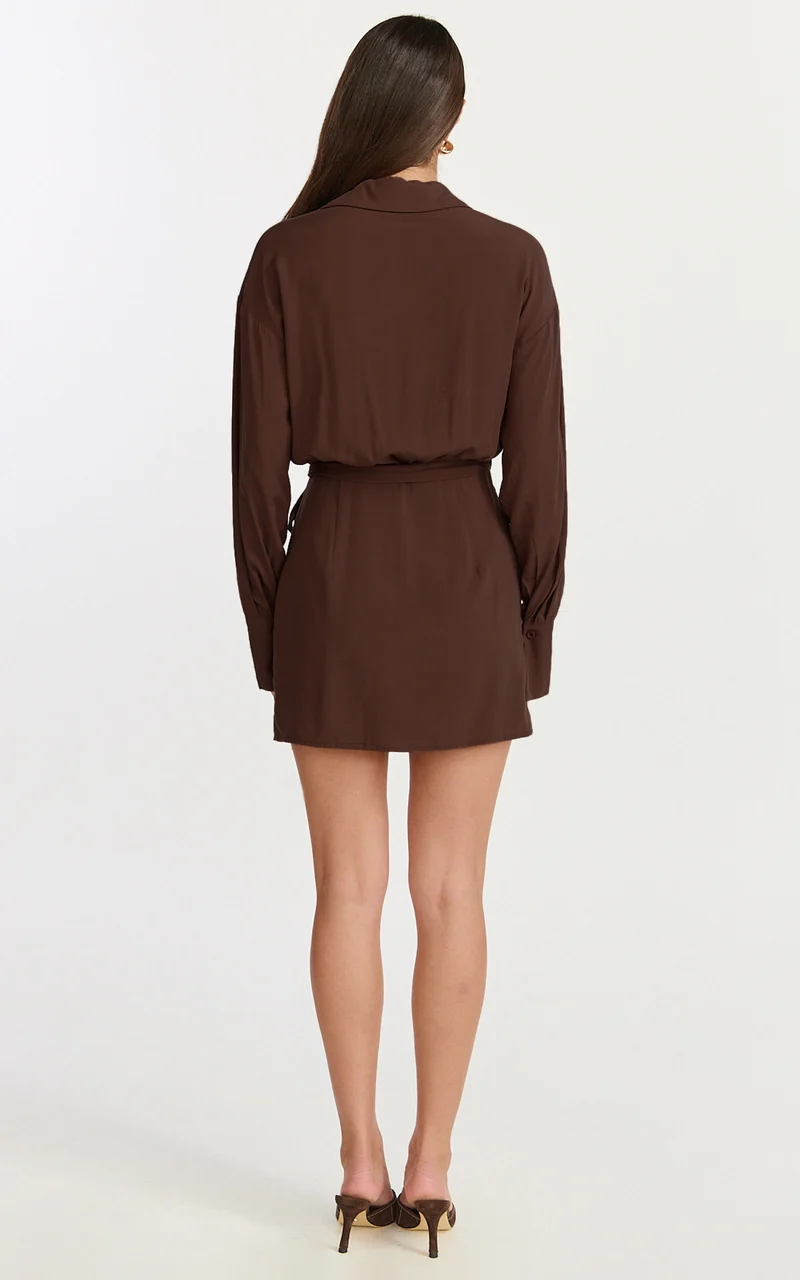 Erin Mini Dress - Longsleeve Wrap Shirt Dress in Chocolate