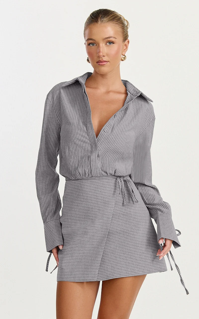 Heath Mini Dress - Collared Button Up Shirt Dress in Grey Stripe