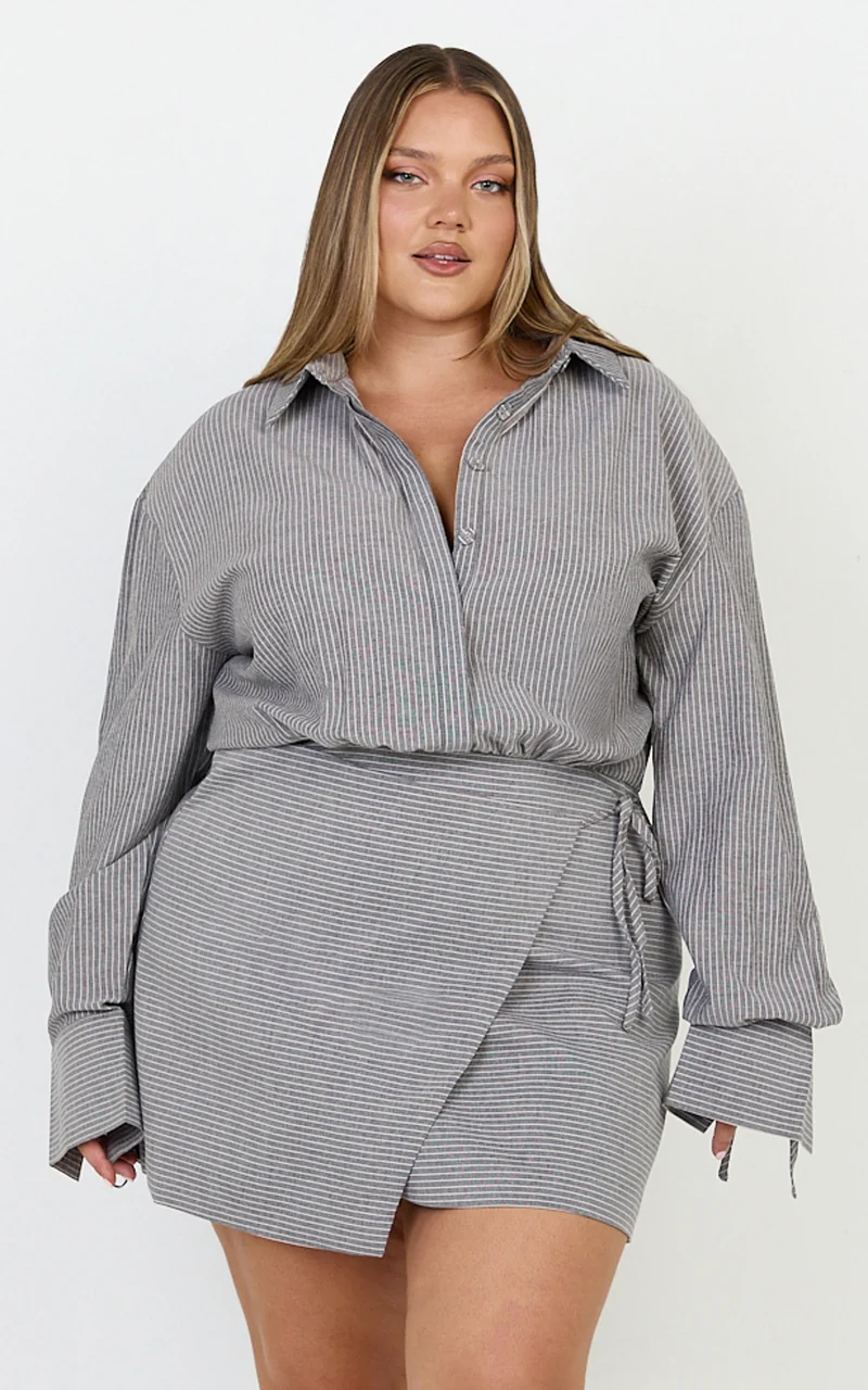 Heath Mini Dress - Collared Button Up Shirt Dress in Grey Stripe