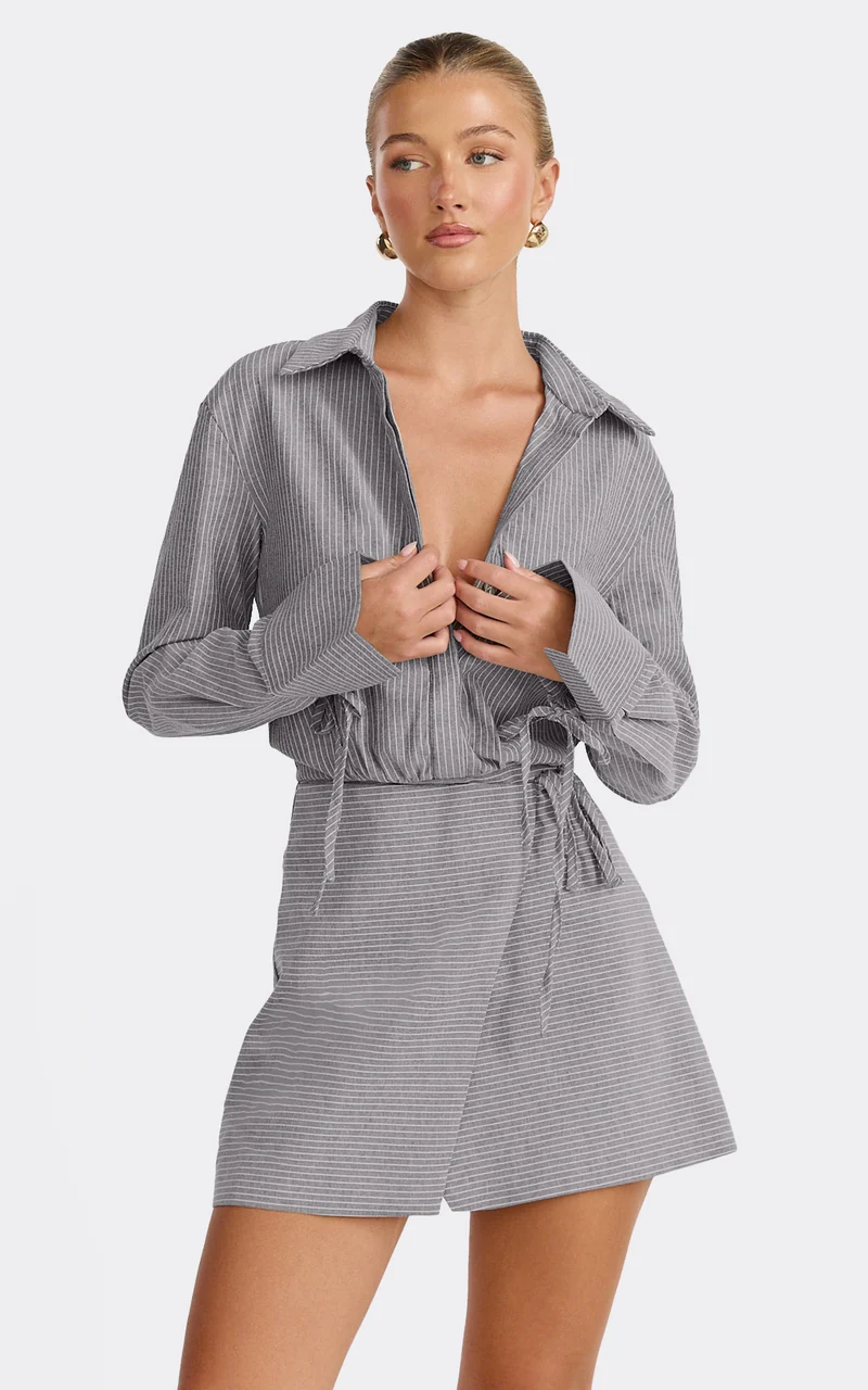 Heath Mini Dress - Collared Button Up Shirt Dress in Grey Stripe