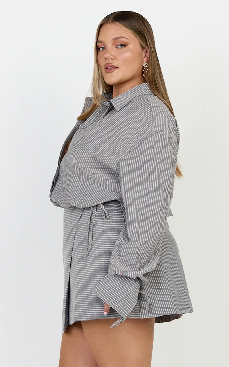 Heath Mini Dress - Collared Button Up Shirt Dress in Grey Stripe