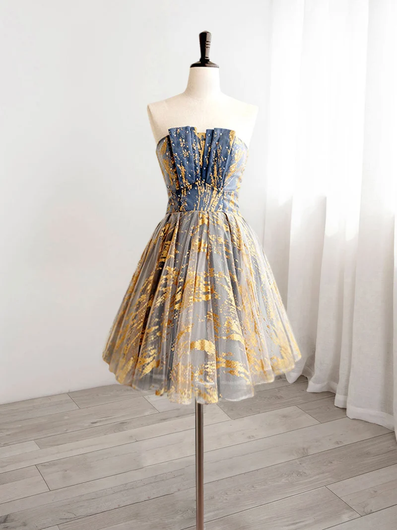 Robe de soirée courte sans bretelles or/bleu, robe formelle de 8e année