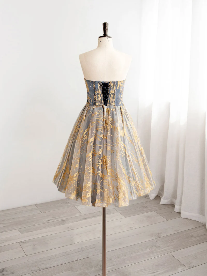 Robe de soirée courte sans bretelles or/bleu, robe formelle de 8e année