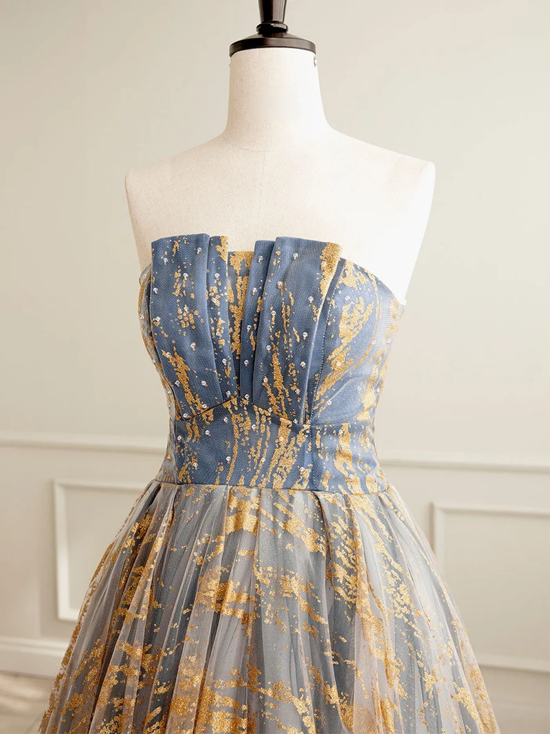 Robe de soirée courte sans bretelles or/bleu, robe formelle de 8e année