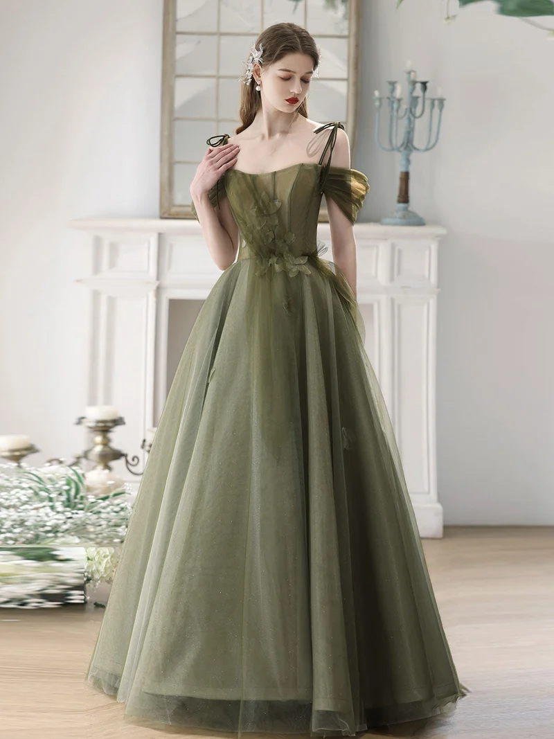 Robe trapèze vert sauge à épaules dénudées, robe longue formelle, robe d'occasion