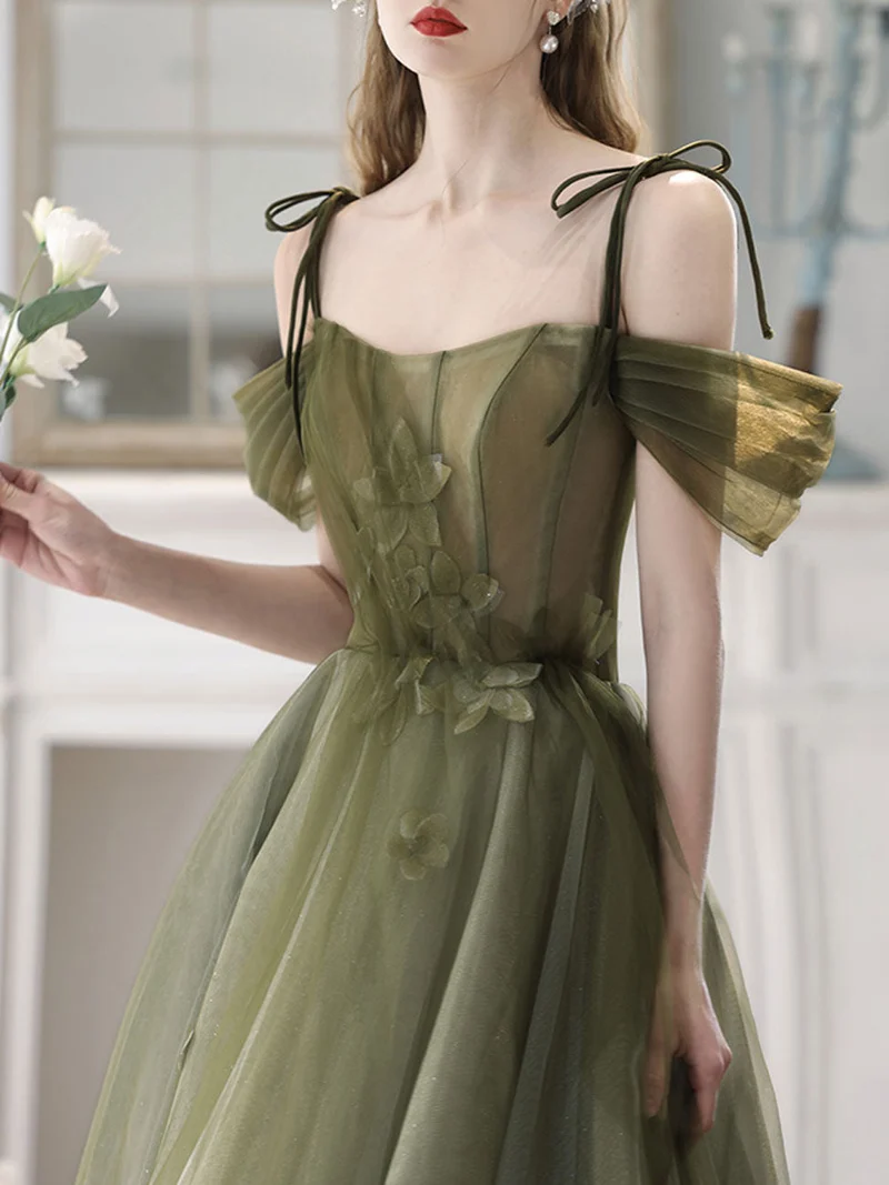 Robe trapèze vert sauge à épaules dénudées, robe longue formelle, robe d'occasion