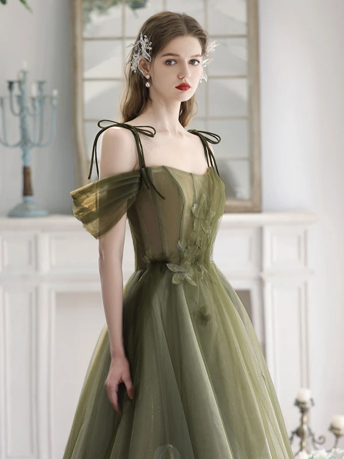 Robe trapèze vert sauge à épaules dénudées, robe longue formelle, robe d'occasion