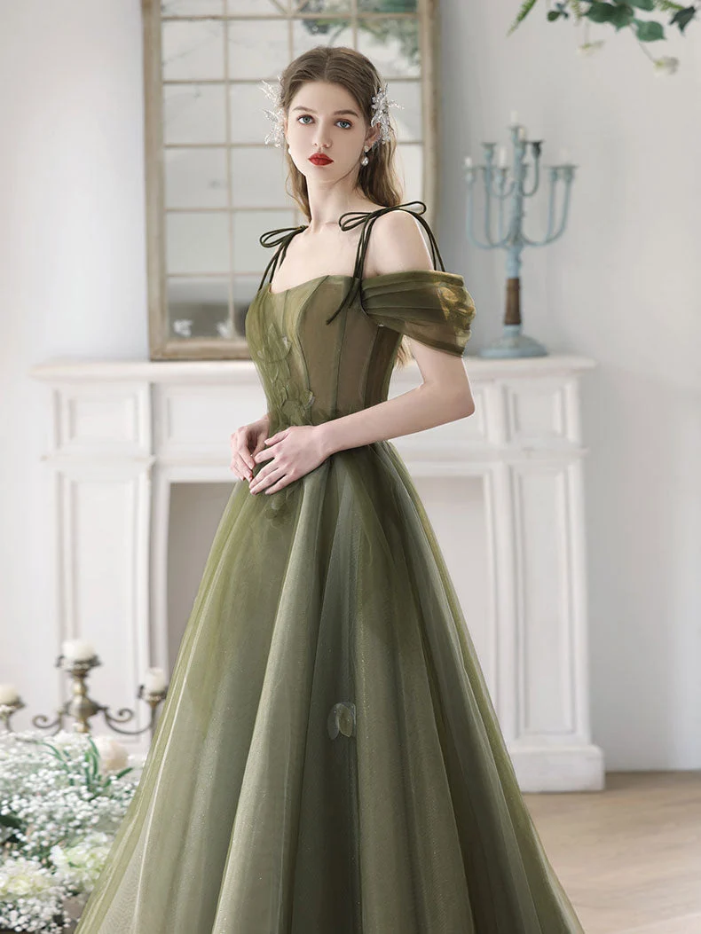 Robe trapèze vert sauge à épaules dénudées, robe longue formelle, robe d'occasion