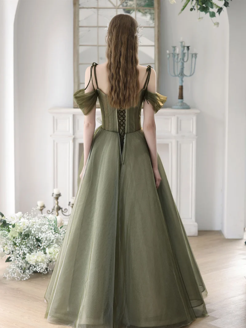 Robe trapèze vert sauge à épaules dénudées, robe longue formelle, robe d'occasion