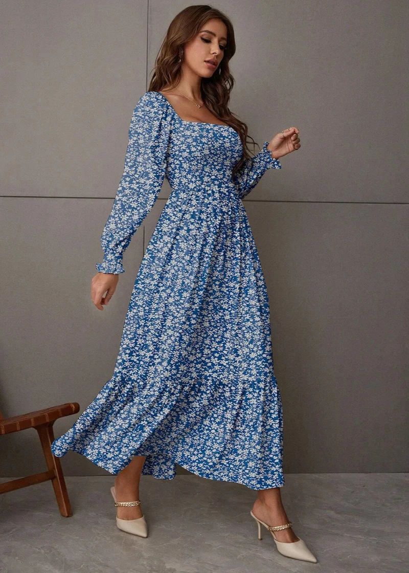 Robe boheme Bleue pour femme manches longue