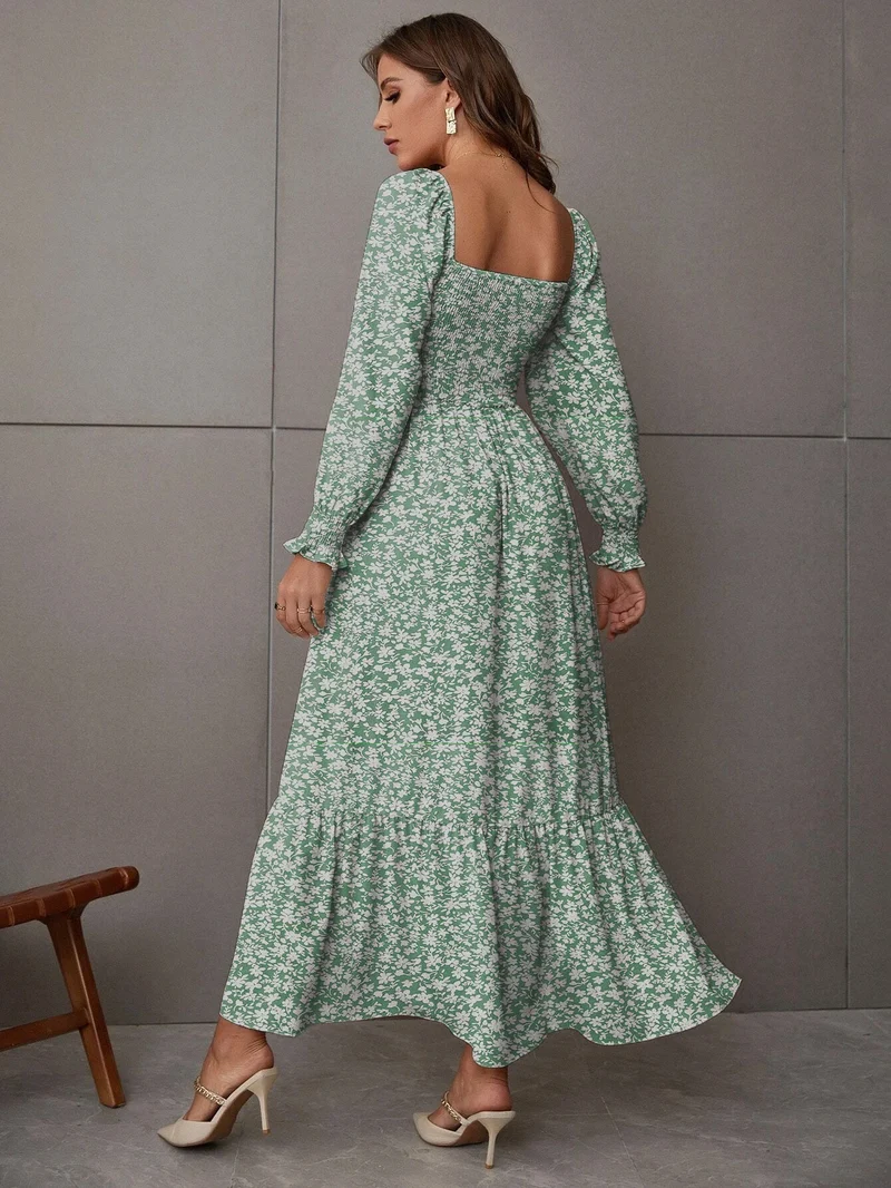 Robe boheme verte pour femme manches longue