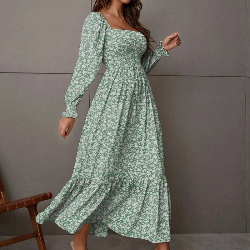 Robe boheme verte pour femme manches longue