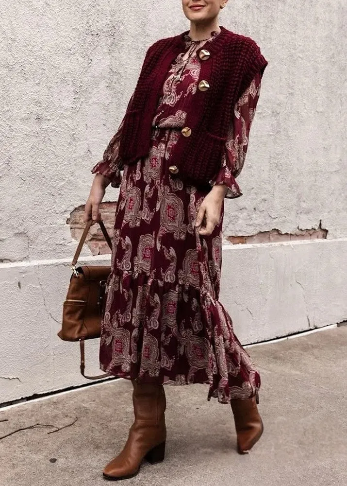Robe bohème vintage en mousseline à imprimé fleuri rouge