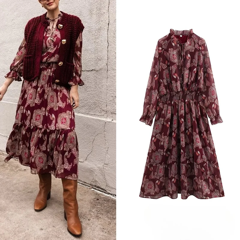Robe bohème vintage en mousseline à imprimé fleuri rouge