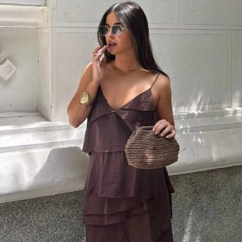 Robe bohême chic marron a volants