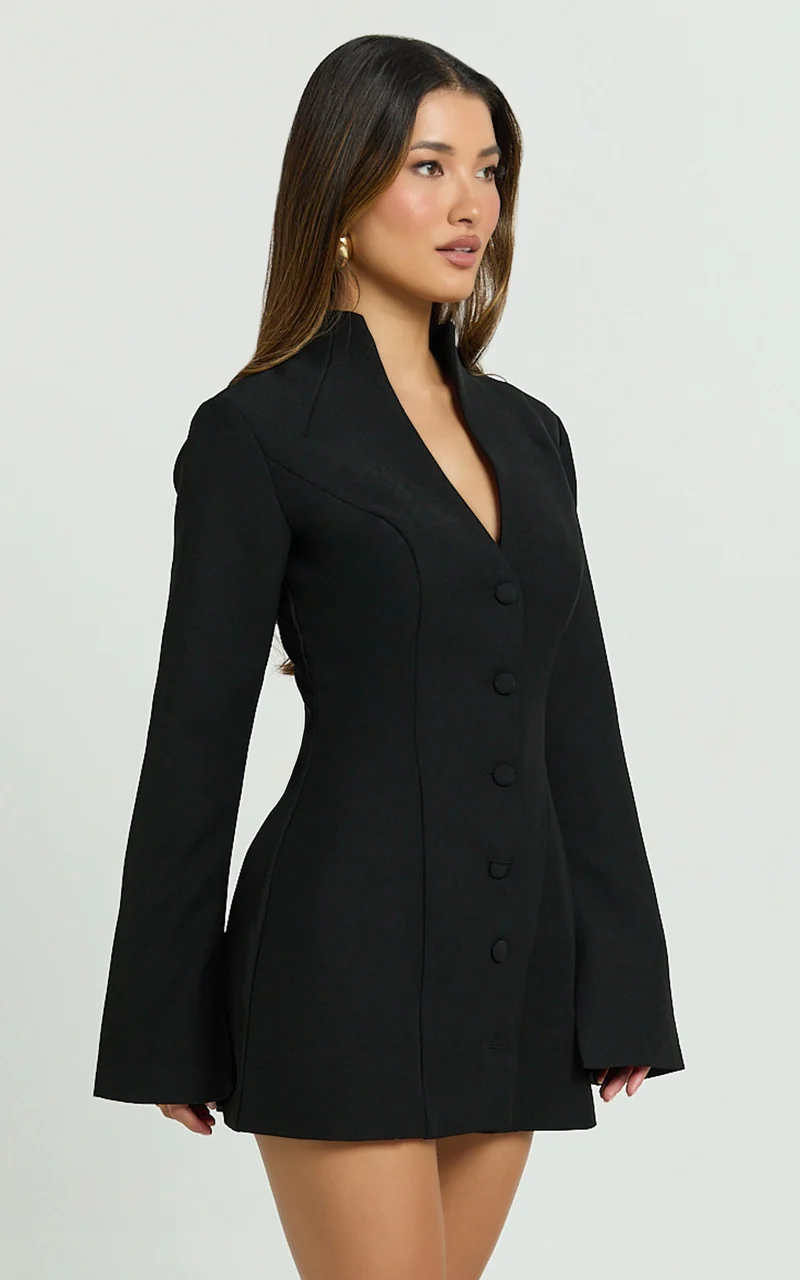 Layton Mini Dress - V Neck Long Sleeve Button Front Tulip Skirt Dress in Black
