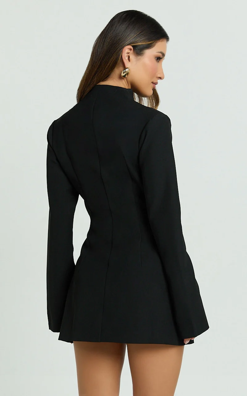 Layton Mini Dress - V Neck Long Sleeve Button Front Tulip Skirt Dress in Black