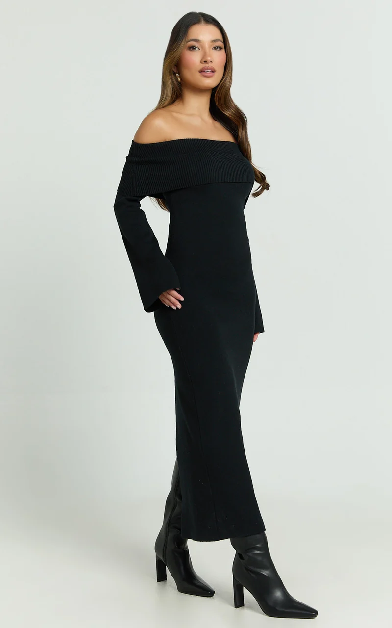 Maisie Midi Dress - Off Shoulder Long Sleeve Fitted Column Knit Dress in Black