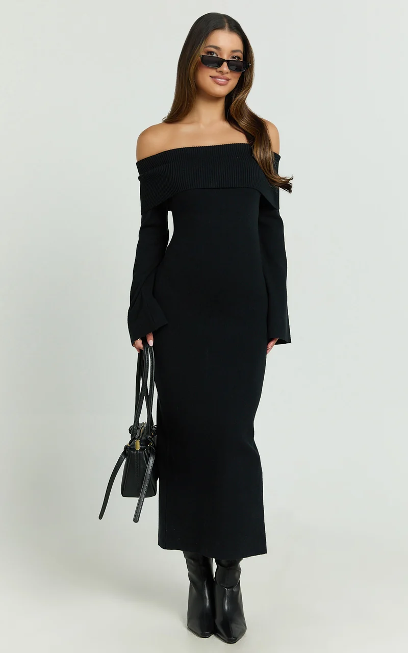 Maisie Midi Dress - Off Shoulder Long Sleeve Fitted Column Knit Dress in Black