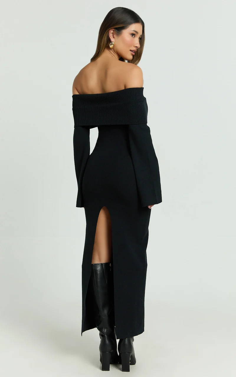 Maisie Midi Dress - Off Shoulder Long Sleeve Fitted Column Knit Dress in Black