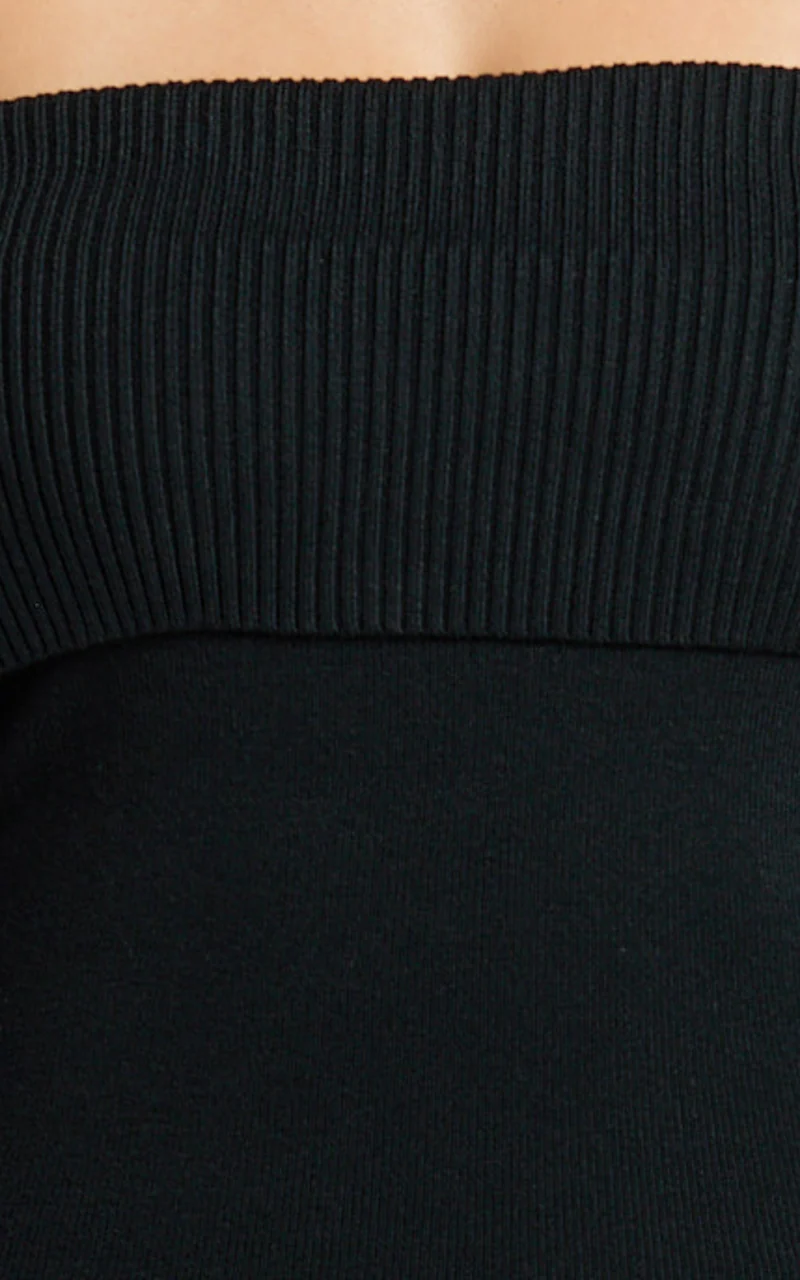 Maisie Midi Dress - Off Shoulder Long Sleeve Fitted Column Knit Dress in Black