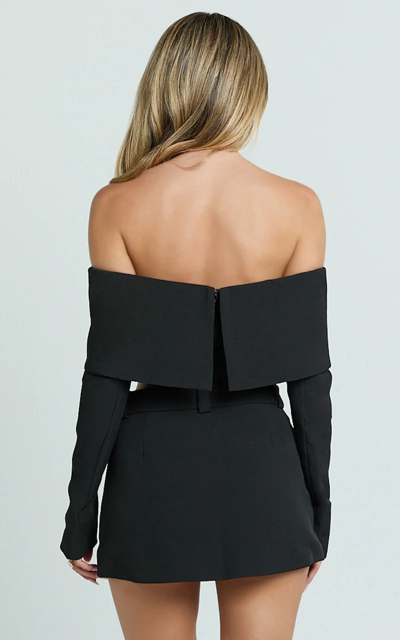 Ursula Top - Long Sleeve Off Shoulder Cropped Top in Black