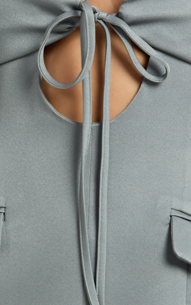 Jamaica Mini Dress - Cut Out Ruched Tie Front Fitted Blazer Dress in Grey