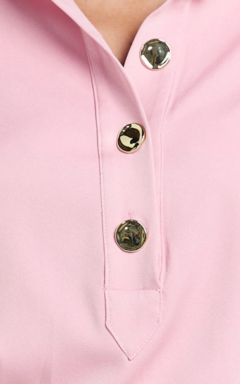 Vancouver Mini Dress - High Neck Collar Button Front Shirtdress in Pink