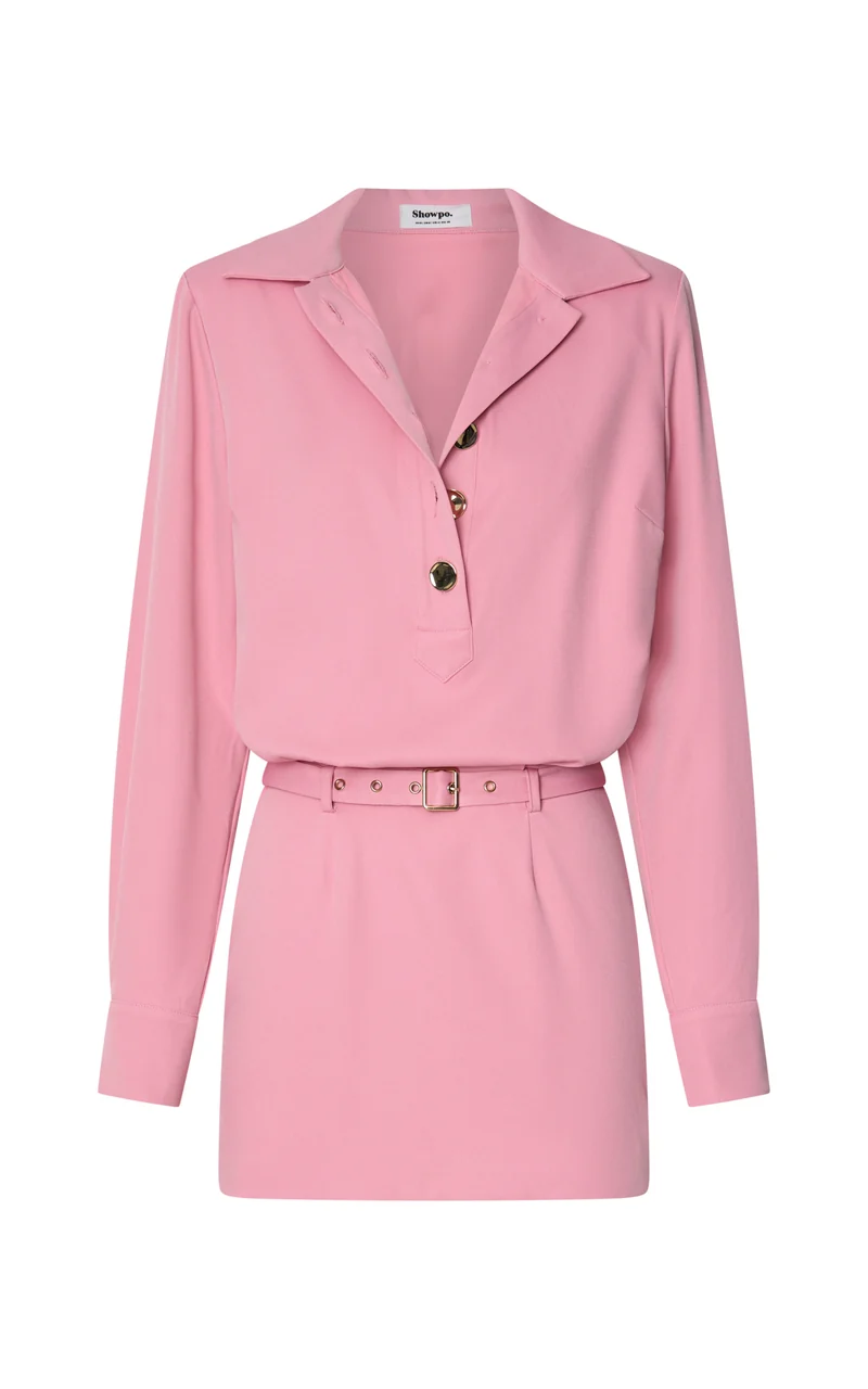 Vancouver Mini Dress - High Neck Collar Button Front Shirtdress in Pink
