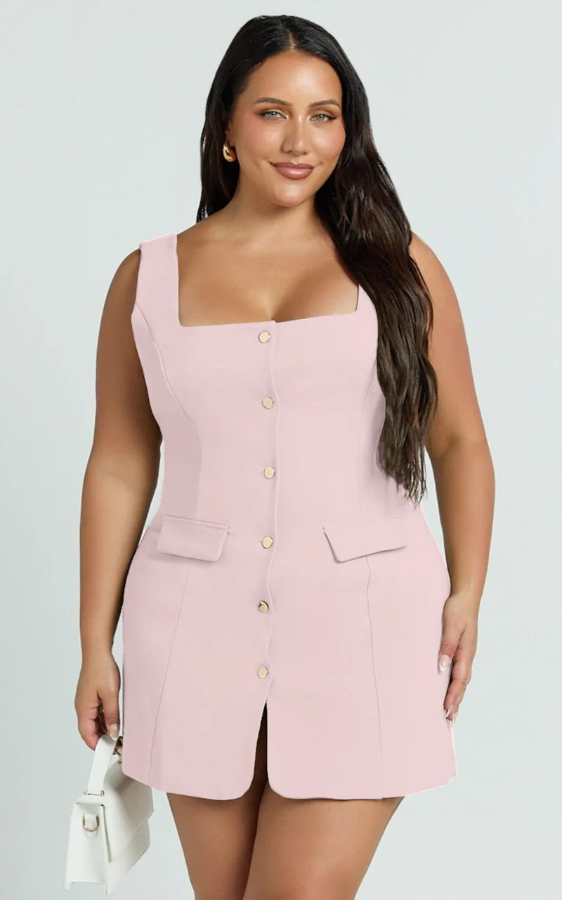 Kenna Mini Dress - Square Neck Button Down Mini Dress in Pink