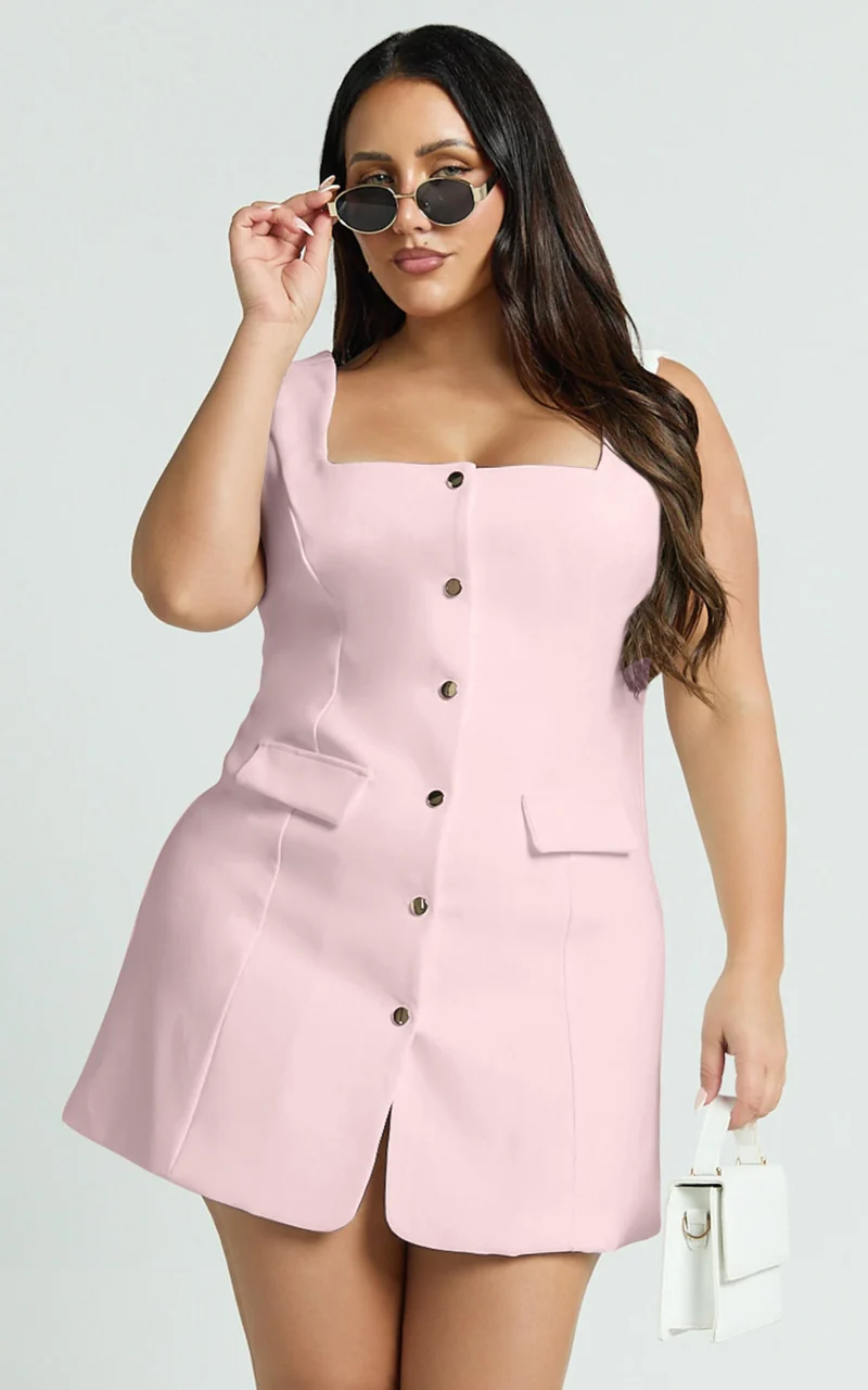 Kenna Mini Dress - Square Neck Button Down Mini Dress in Pink
