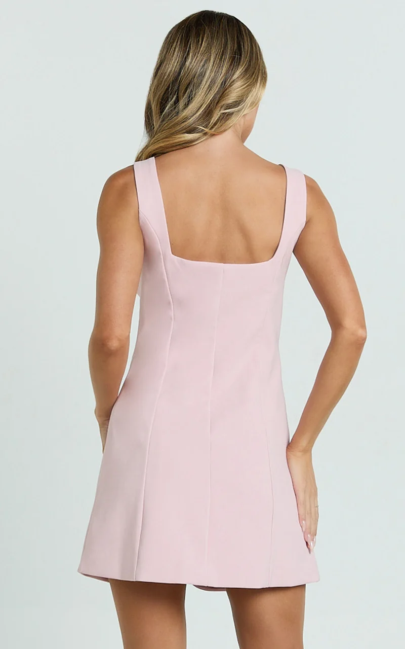 Kenna Mini Dress - Square Neck Button Down Mini Dress in Pink