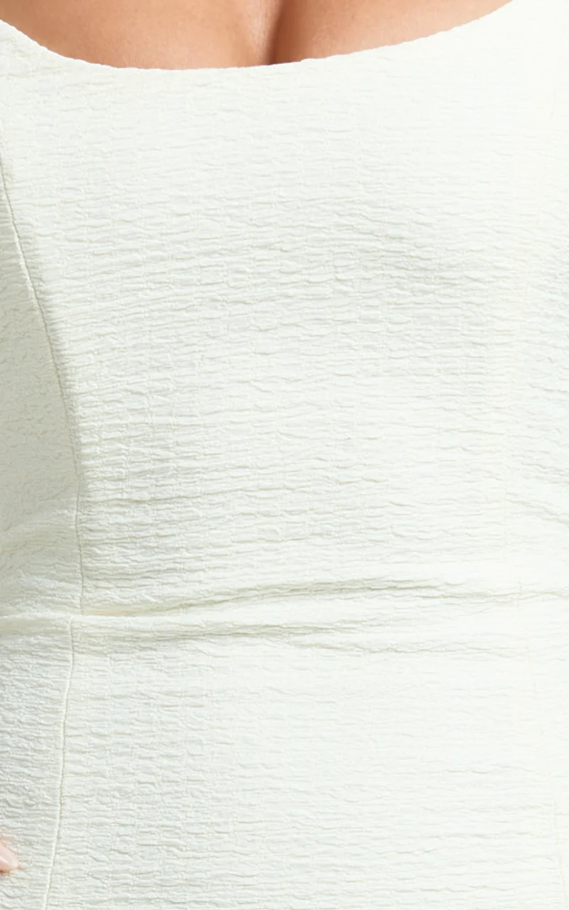 Sammie Mini Dress - Scoop Neck Hem Frill Fitted Dress in Off White