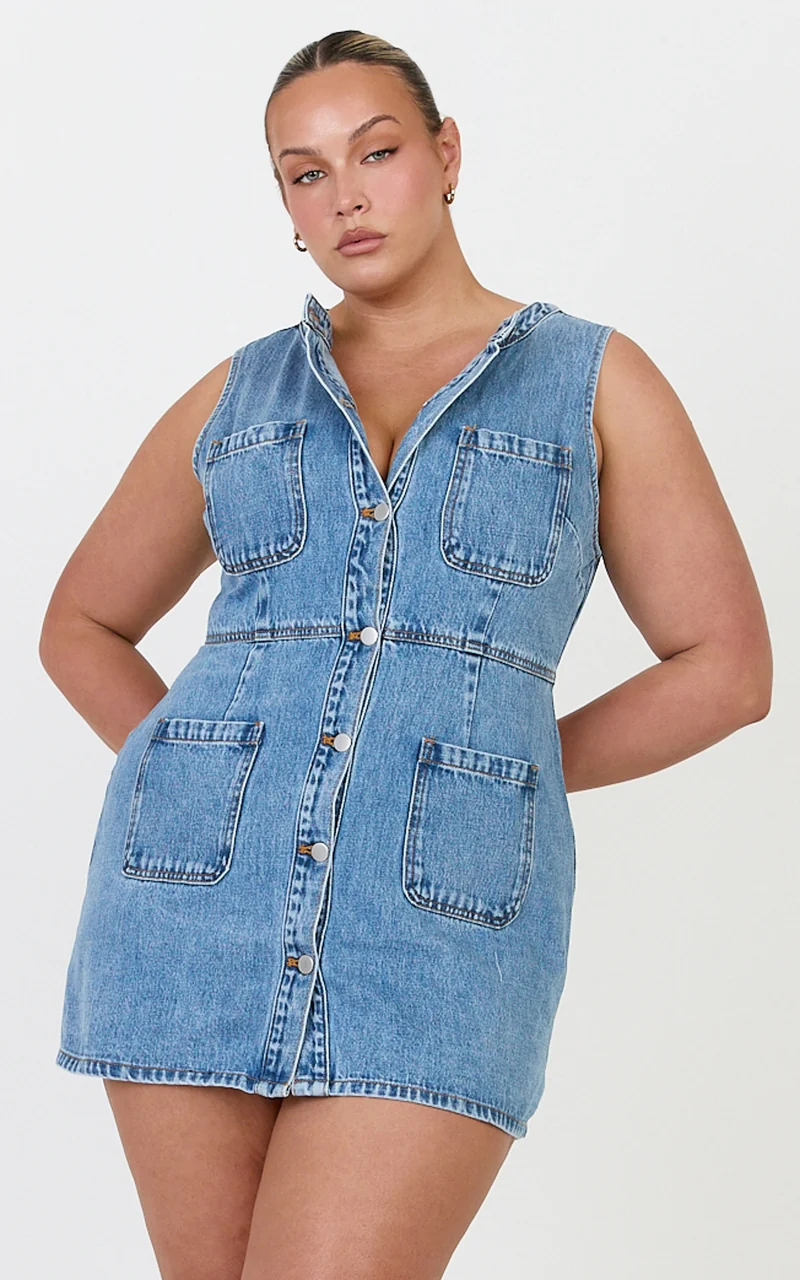 Stephanie Mini Dress - Scoop Neck Pocket Detail Recycled Denim Dress in Light Blue Wash