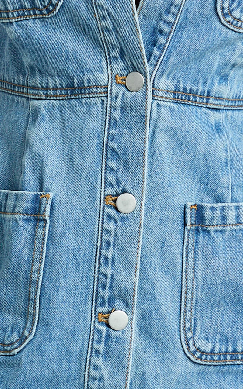 Stephanie Mini Dress - Scoop Neck Pocket Detail Recycled Denim Dress in Light Blue Wash