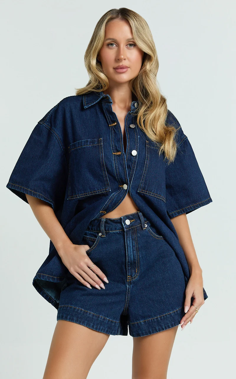 Rhianna Top - Oversized Recycled Denim Short Sleeve Shirt in Indigo Wash