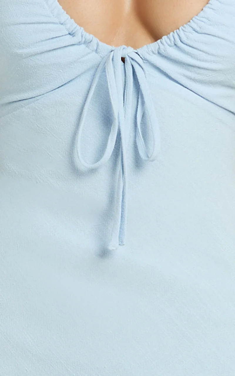 Rhoda Mini Dress - V Neck Front Tie A Line Dress in Light Blue
