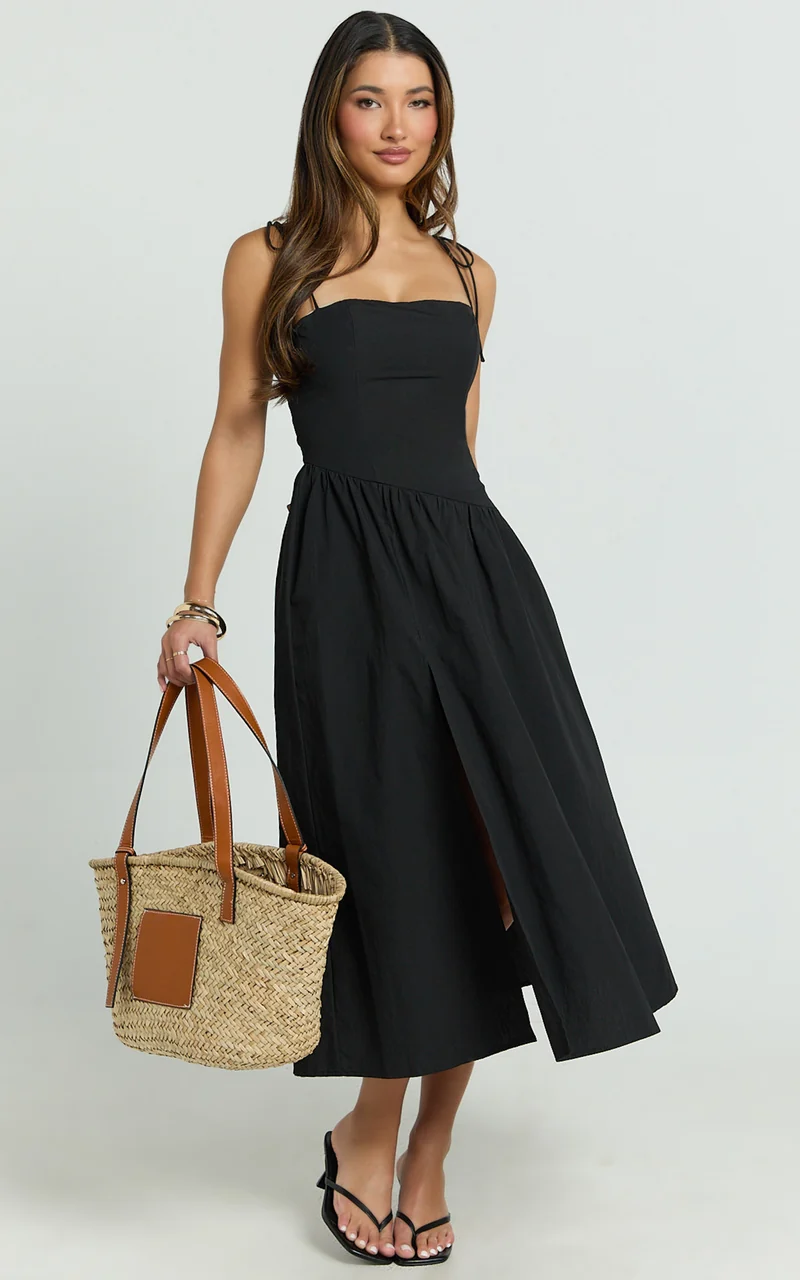 Myrtle Midi Dress - Straight Neck Curved Drop Waist Gathered Full Skirt Dress in Black
