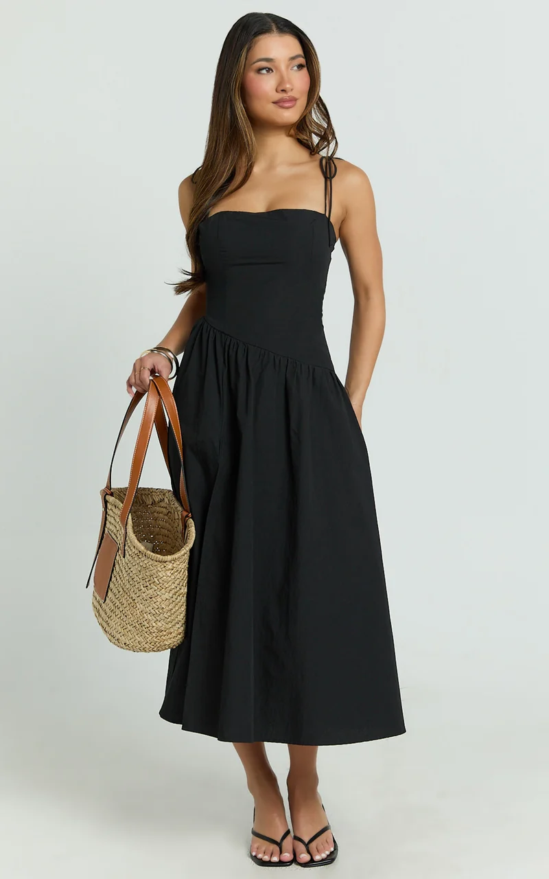 Myrtle Midi Dress - Straight Neck Curved Drop Waist Gathered Full Skirt Dress in Black