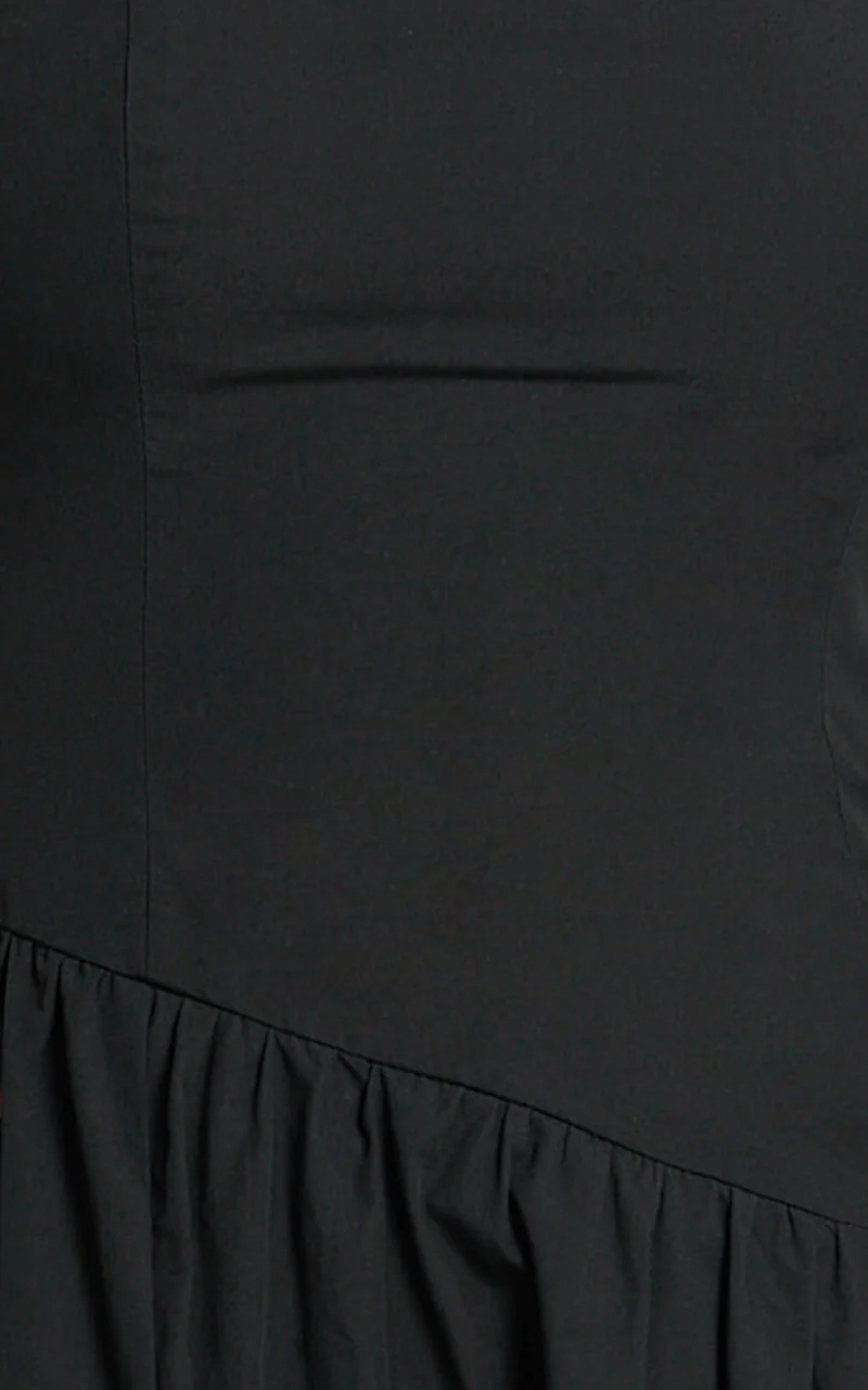 Myrtle Midi Dress - Straight Neck Curved Drop Waist Gathered Full Skirt Dress in Black