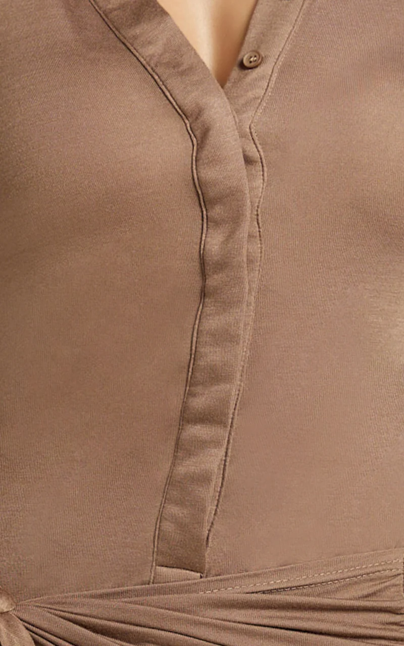 Lola Mini Dress - Long Sleeve Concealed Placket Front Faux Wrap Dress in Chocolate