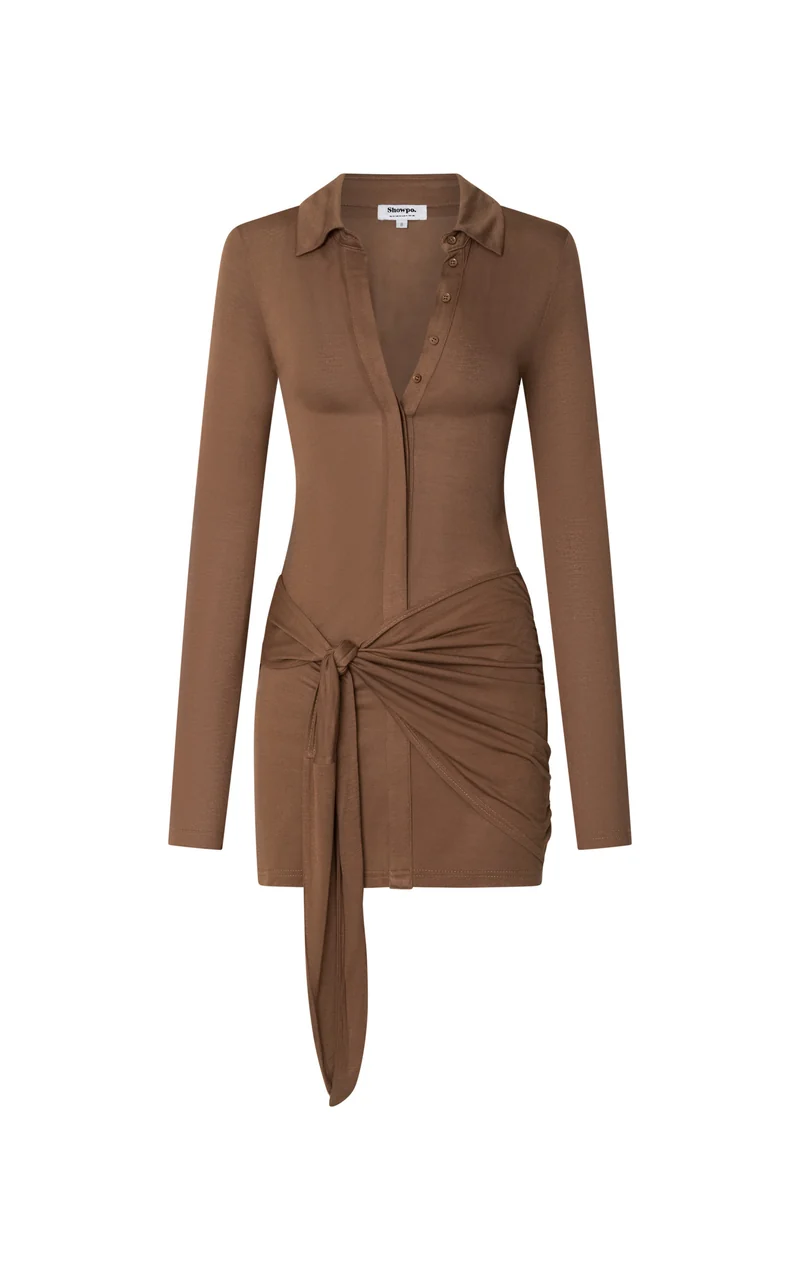 Lola Mini Dress - Long Sleeve Concealed Placket Front Faux Wrap Dress in Chocolate