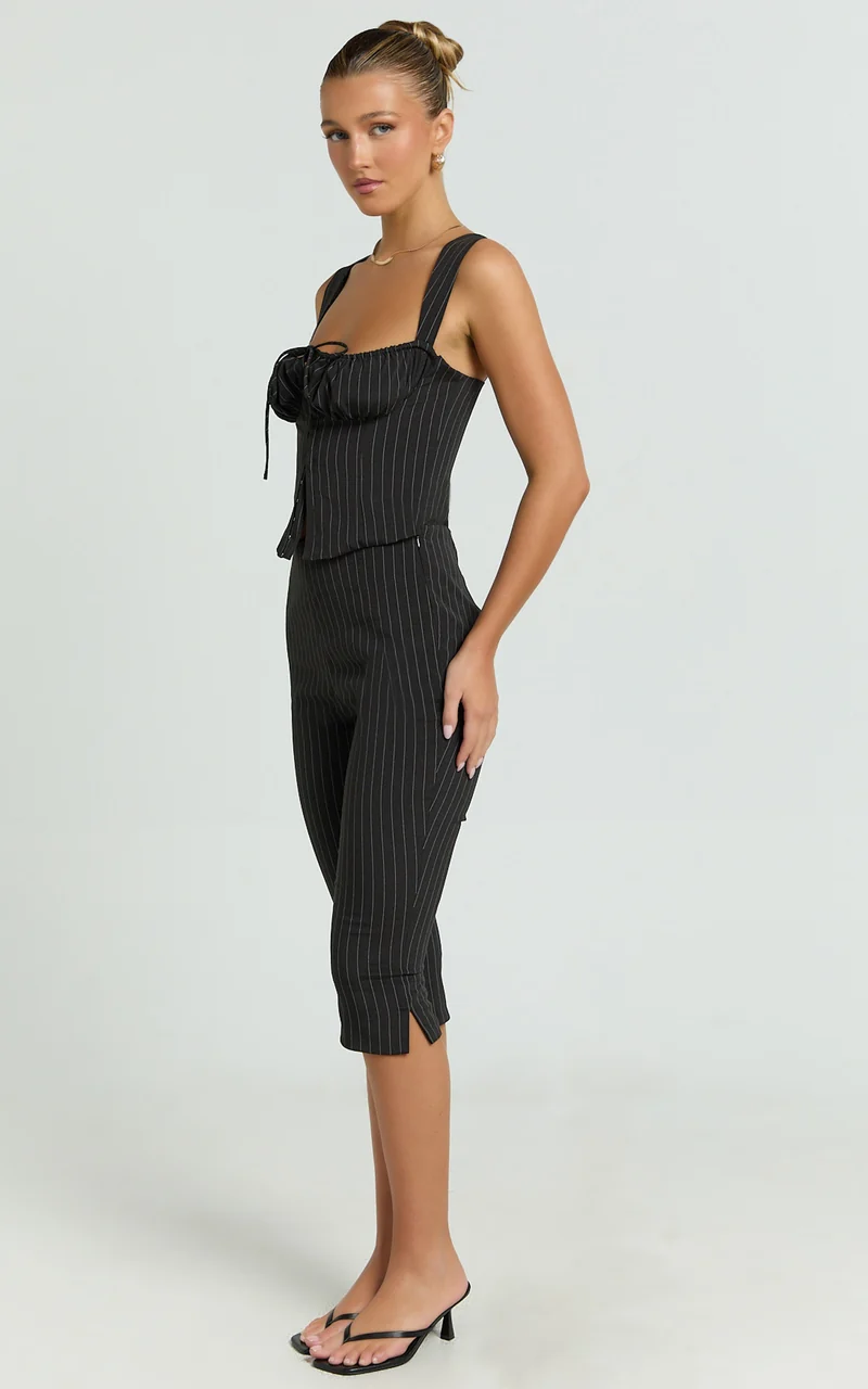 Susannah Pants - Pinstripe Fitted Split Leg Capri Pants in Black Stripe