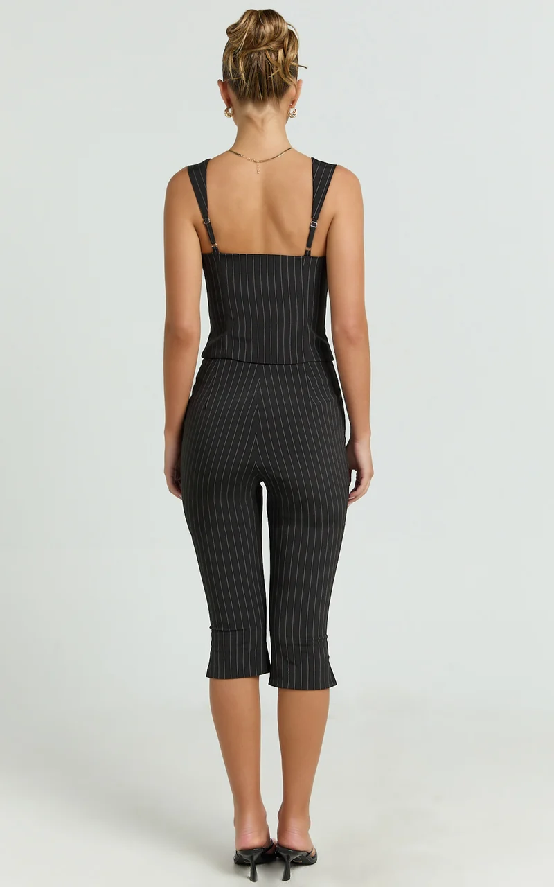 Susannah Pants - Pinstripe Fitted Split Leg Capri Pants in Black Stripe